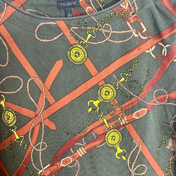 Talbots Olive Green Cotton Equestrian Print Shift Dress Preppy Old Money Sz L - Picture 6 of 7